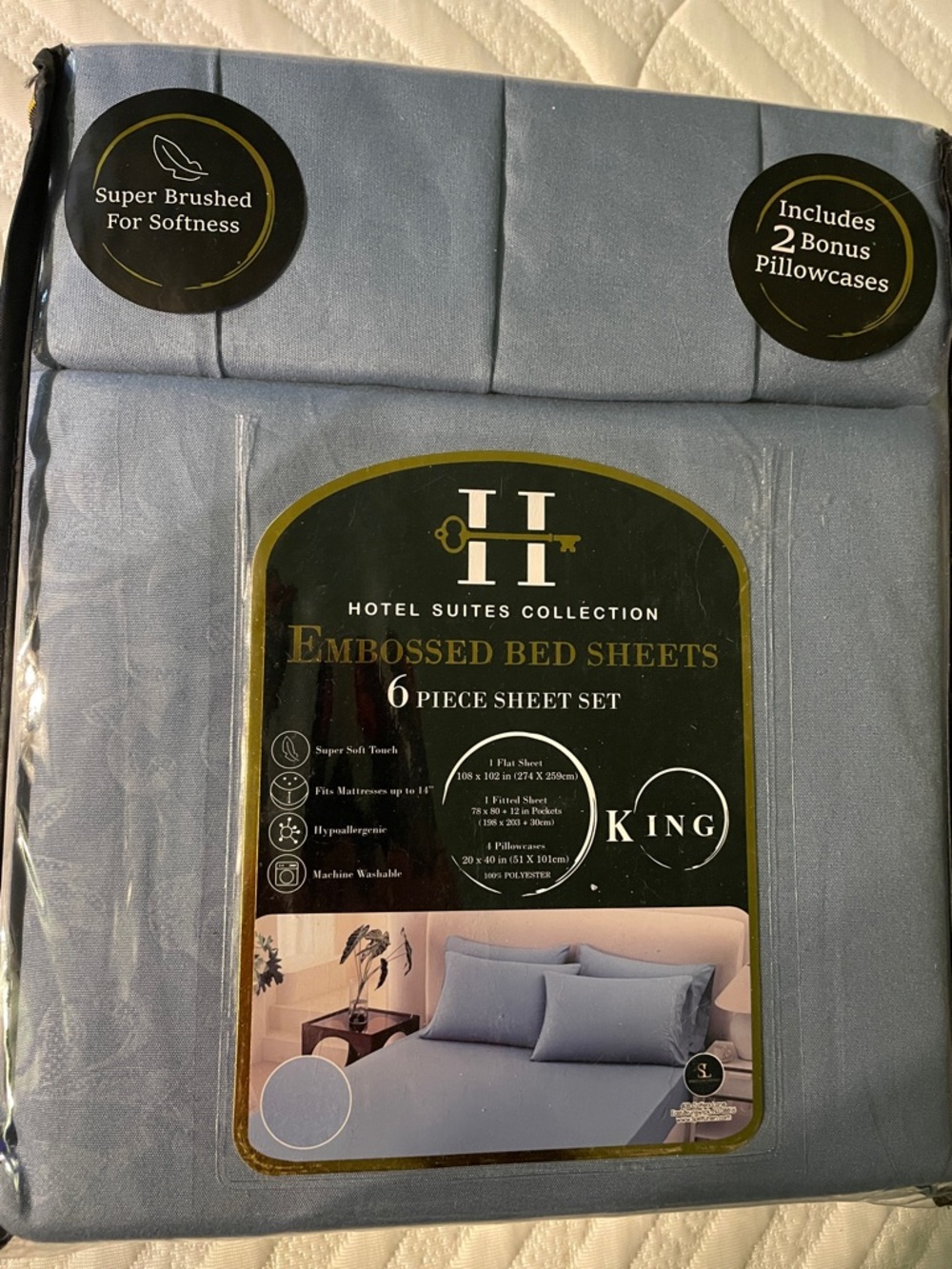 Hypoallergenic Hotel Collection Embossed Bed Sheet Set in Light Blue